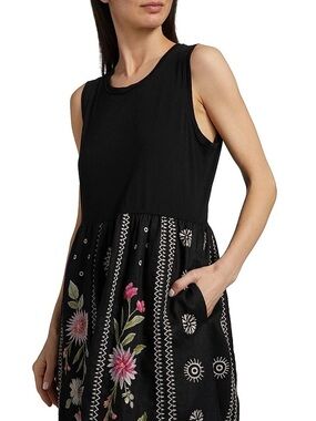 Johnny Was Black Sleeveless Embroidered Floral Midi Dress